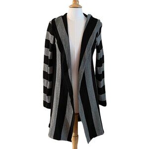 Ya Los Angeles Cotton Blend Black, Gray Stripe Long Open Cardigan Sweater Hood L